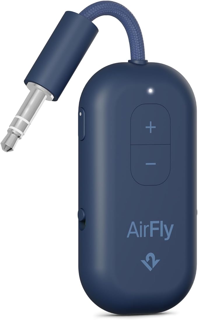 Twelve South AirFly Pro 2 Bluetooth 5.0 Transmitter/Receiver for TV/Airplane to 2 Wireless Headphones – Wireless Adapter for AirPods, Airplane, Car, Gym, Home, Use with Any 3.5 mm Audio Jack, Blue