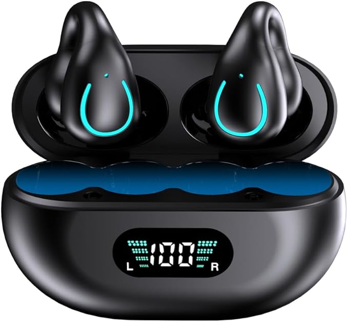 Open-Ear Wireless Headphones Bluetooth Clip On Mini Earbuds Charging Case Ear Buds Sports Bone Conduction Earphones for Workout Driving Walking (Black)
