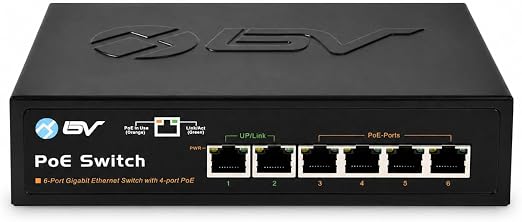 BV-Tech 6-Port PoE+ Switch (4 Gigabit PoE+ Ports, 2 Gigabit Uplink), 60W