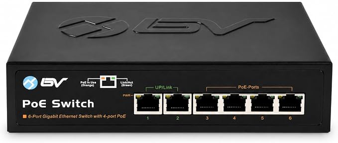 BV-Tech 6-Port PoE+ Switch (4 Gigabit PoE+ Ports, 2 Gigabit Uplink), 60W