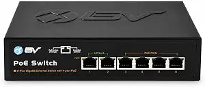BV-Tech 6-Port PoE+ Switch (4 Gigabit PoE+ Ports, 2 Gigabit Uplink), 60W