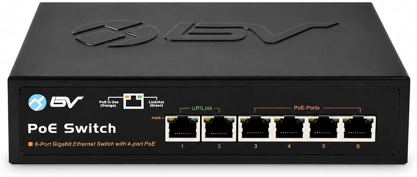 BV-Tech 6-Port PoE+ Switch (4 Gigabit PoE+ Ports, 2 Gigabit Uplink), 60W