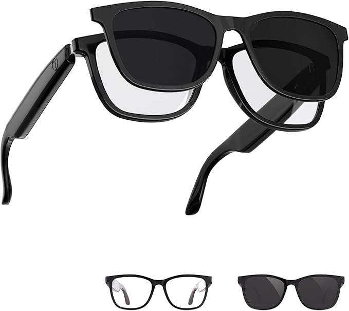 Smart Glasses with Bluetooth, 2-in-1 Magnetic Sunglasses (Blue Light Blocking & UV400), Bluetooth Glasses for Men/Women with Voice Assistant, Smart Sunglasses for Outdoor (With Black Lenses)