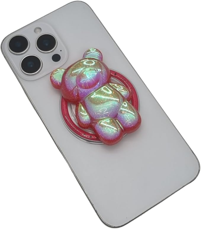 Cute Kawaii 3D Bear Phone Grip Stand, Iridescent Holographic Resin Cell Phone Holder & Kickstand, Compatible with iPhone, Samsung Galaxy, Android (Cherry Red)