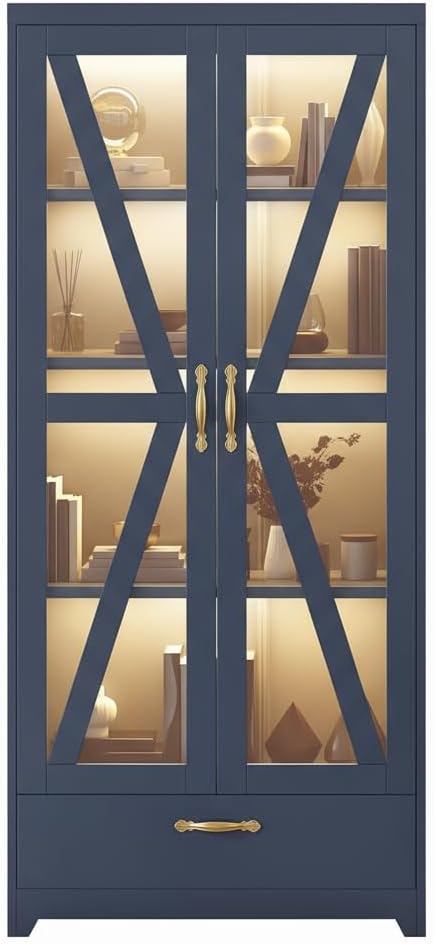 DWVO Display Cabinet with LED Lights, 61" Metal Display Case with Glass Barn Doors for Collectibles, Organizer Cabinet with 3 Adjustable Shelves and Drawer for Living Bedroom, Office, Navy Blue