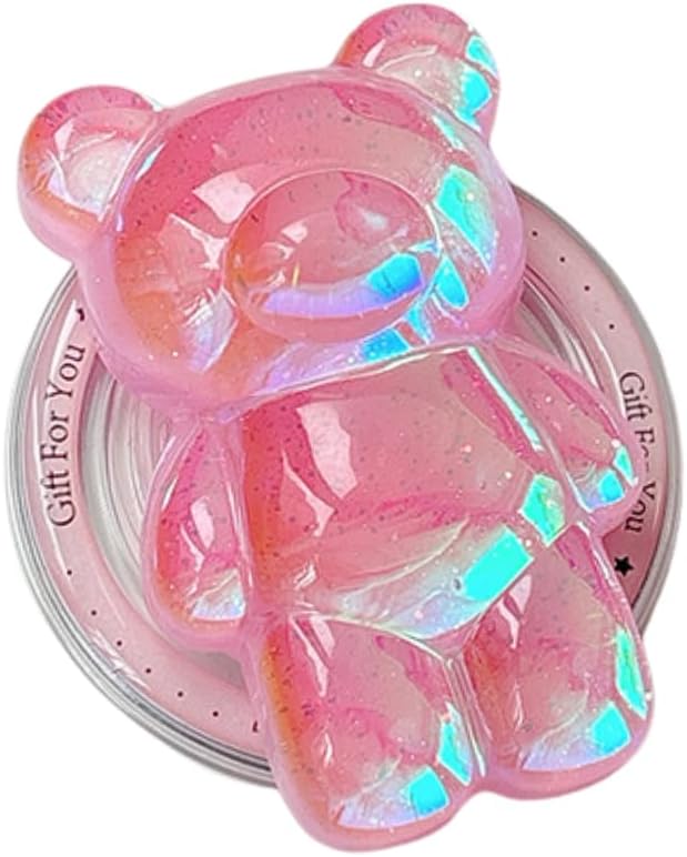 Cute Kawaii 3D Bear Phone Grip Stand, Iridescent Holographic Resin Cell Phone Holder & Kickstand, Compatible with iPhone, Samsung Galaxy, Android (Candy Pink)