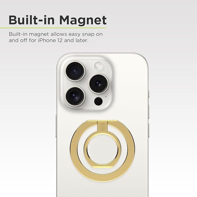PureGear Magnetic Phone Grip Ring Stand, Magnetic Phone Ring Holder for MagSafe iPhone Air, 17, 17Pro, 17ProMax, 16, 16Pro, 16Plus, 16ProMax, 15, 15Plus, 14, 13, 12, Adjustable Kickstand (Gold)