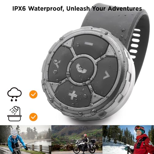 Bluetooth Media Button Remote Control IPX6 Waterproof Strap Type Wireless Controller for Car Bike Motorbike Steering Wheel Siri Call & Camera Compatible for iPhone Samsung Galaxy Any Android Device