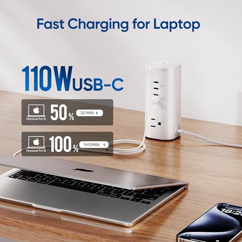 160W Fast Charging Station, TenTrend Power Strip Tower, 5FT Extension Cord