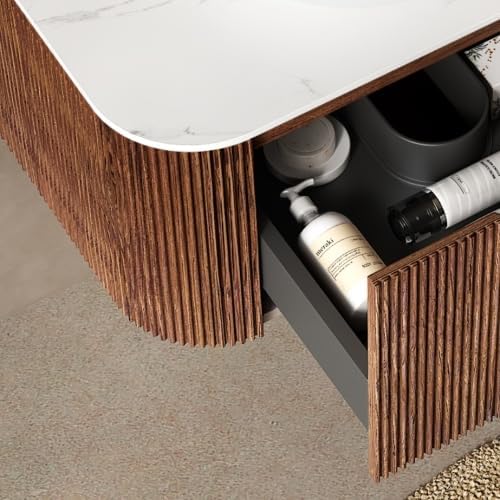 KEIKI 24" Bathroom Vanity Cabinet with Sink Combo, Wall Mounted Curved Edges Striped Floating Bathroom Vanity with Soft-Close Drawer, White Round Ceramic Basin Without Faucet, Dark Walnut