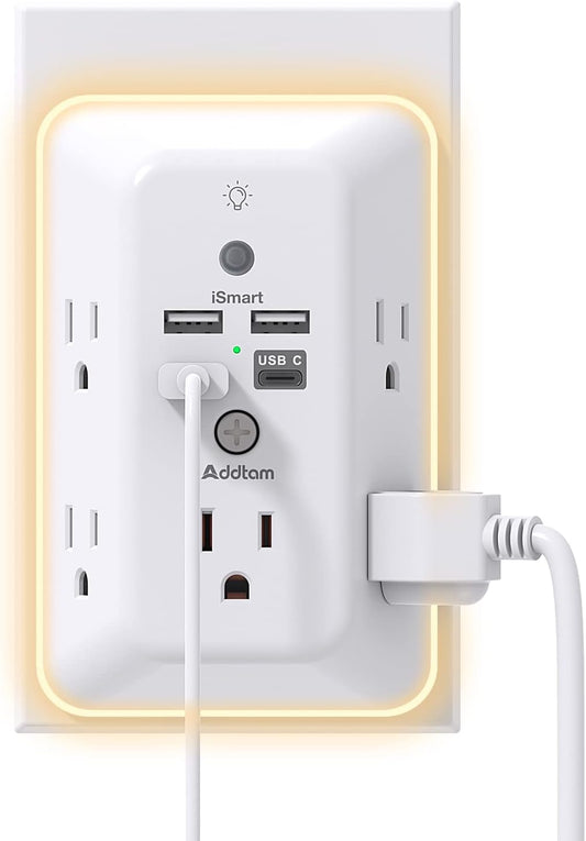 Surge Protector Outlet Extender with Night Light – 5 Outlets, 4 USB Ports (1 USB-C)