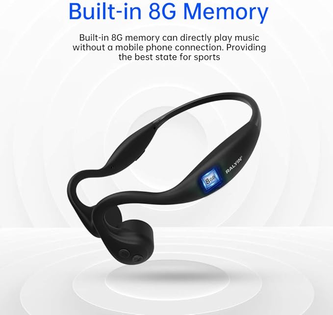 Open Ear Headphones, Bone Conduction Headphones, Built-in MP3 Player 8G Memory, Wireless Open Earphones Bluetooth 5.3, for Running, Cycling, Working, Black