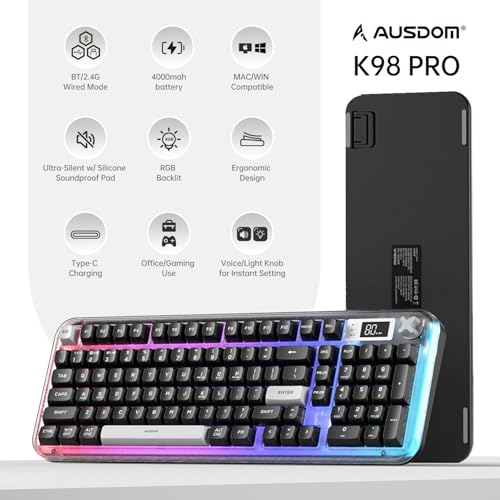 AUSDOM K98pro Wireless Silent Creamy Keyboard, Tri-Mode BT/2.4G/USB-C Computer Keyboard with Number Pad, RGB Backlit Media Knob Keyboard - Image 3
