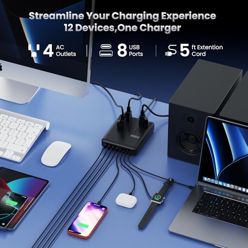 200W Charging Station,12-in-1 USB C Power Strip with Flat Plug and 5ft Extension Cord,4 AC Outlets,4 USB-A,4 USB-C Ports for iPhone 17/16/15,65W PD Fast Laptop Charger for MacBook, Home, Office, Dorm - Image 3