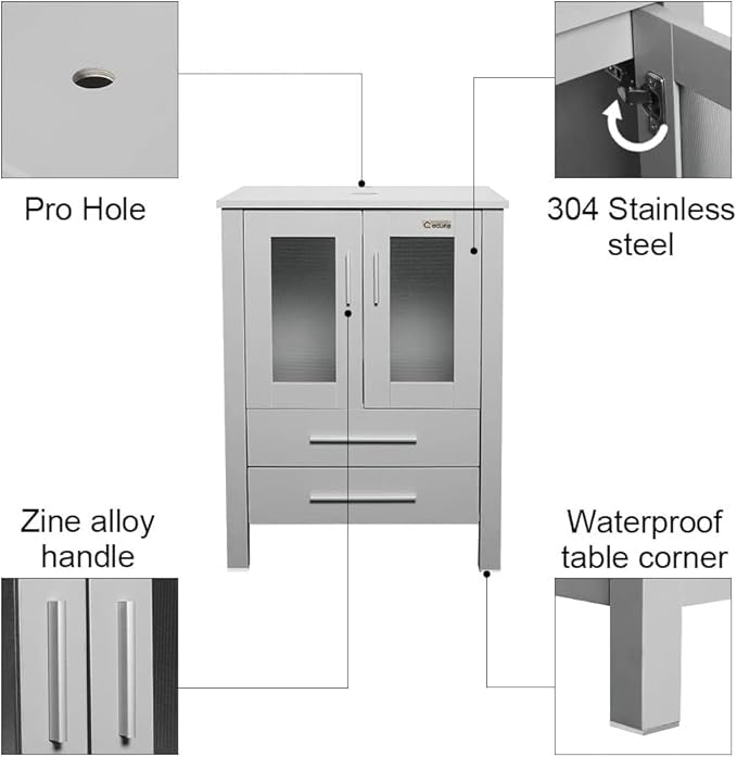 eclife 36" Modern Bathroom Vanity Sink Combo Freestanding Cabinet with Small Side Cabinet, Without Vessel Sink, Faucet, Drain (Gray Vanity Only)