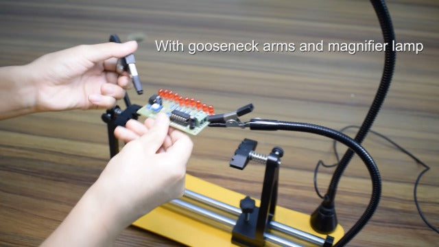 Magnetic Helping Hands Soldering Station, Adjustable 360° Flipping with 3x Magnifying Glass 2 Flexible Gooseneck Arms, Circuit Board Holder for Clamping PCB, Soldering, Desoldering and Repair
