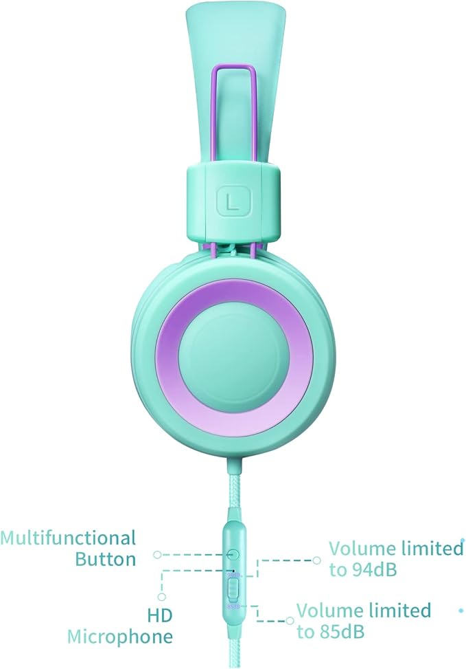 P10 Kids Headphones with Microphone Stereo Headphones for Children Boys Girls,Adjustable 85dB/94dB Volume Control Foldable On-Ear Headphone with Microphone for School/PC/Cellphone(Green)