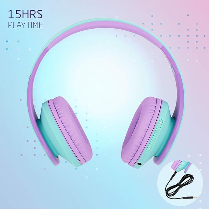 PowerLocus Kids Headphones Over-Ear, Bluetooth Wireless Headphones for Kids,with Microphone, Safe 85DB Volume Limited, Foldable with Carry Case, Audio Cable, Micro SD mode for Online Classes,PC,Phones