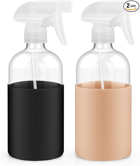 2 Pack Glass Spray Bottles with Long Silicone Sleeve, 16 oz Empty Refillable Containers with Adjustable Spray Nozzles, Spray Bottles for Hair, Cleaning Solutions and Plants khaki&Black