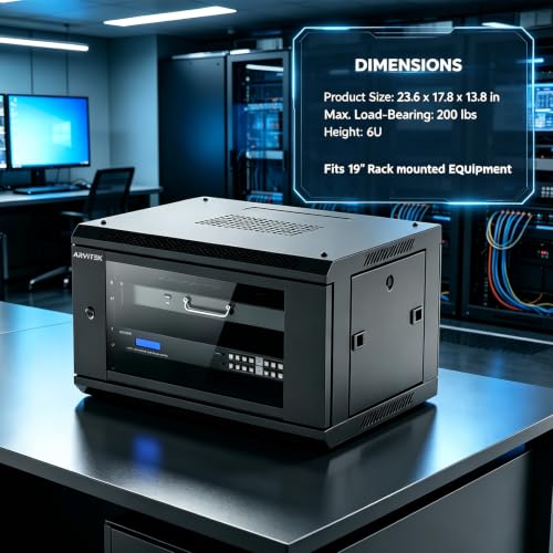 6U Wall Mount Server Rack Enclosure with Locking Glass Door, Removable Side Panels, 17.7inch Depth, Network Cabinet for 19" IT Equipment, A/V Devices, 200 lbs Max. Ground-Mounted Load Capacity
