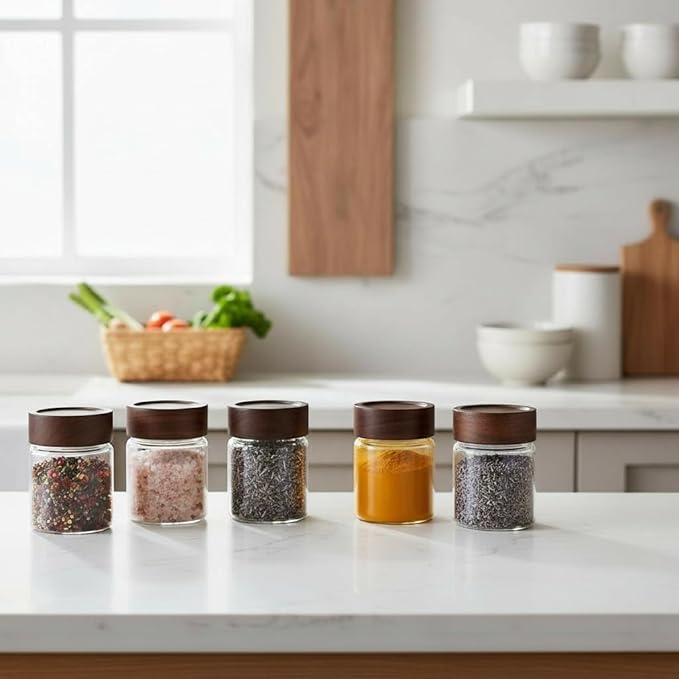 Wide Mouth Glass Storage Jars With 2.5" Acacia Wood Lids - 4 Pack of 6 Oz Food Storage Containers - Borosilicate Glass Canisters Sets For Kitchen - Pantry Organizers and Storage for Rice Coffee Beans