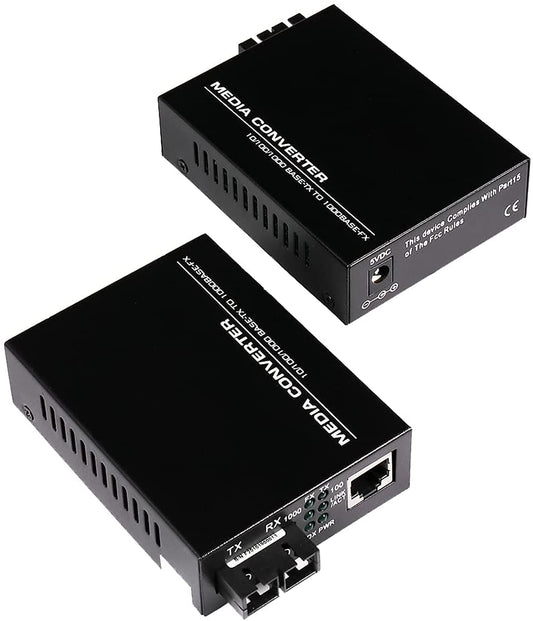 A Pair 2 Pack Multi-Mode Dual SC Fiber Gigabit Fast Ethernet Media Converter, Mini 1x 10/100/1000Base-T RJ45 to 1000Base-SC Slot Converter Transceiver, up to 2KM 850-1310-nm, AC 100V~240V