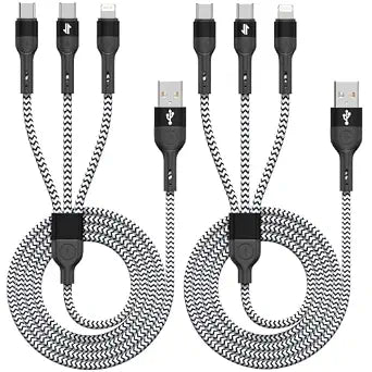 3 in 1 Multiple Charging Cable, 2Pack 4Ft Multi Chargers Cord for All Devices Braided USB A to C,A to Lightning/Type C Ports Universal Charger Cable for iPhone Series/Samsung/Tablets/PS and More - Image 1