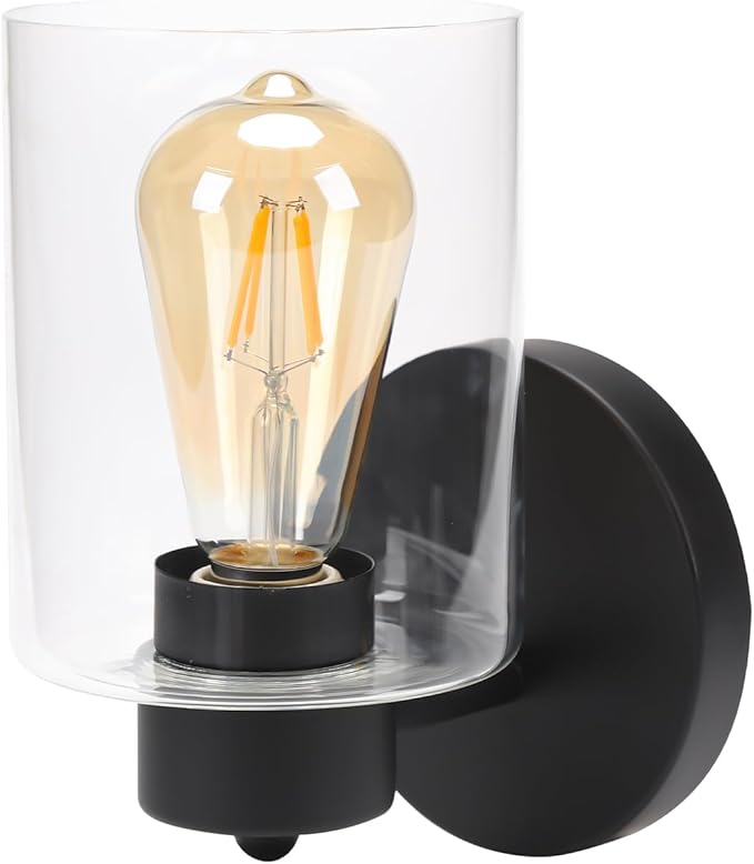 Kalium Wall Sconces, Matte Black Vanity Light Fixtures, Indoor Wall Lights with Clear Glass Shade, Hardwired Farmhouse Wall Lamp for Bedroom Living Room Bathroom (E26 Base 1pcs)