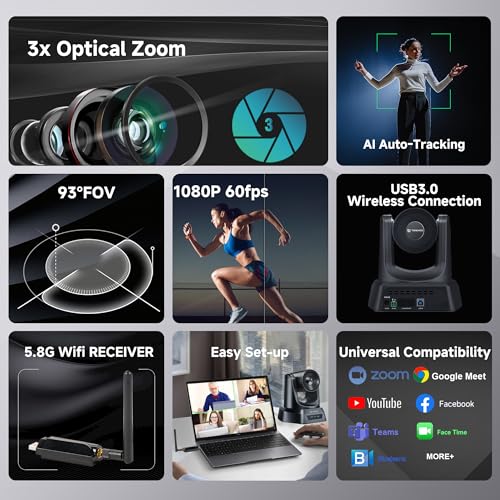 TONGVEO Wireless AI PTZ Camera with Auto-Tracking: Built-in 5.8GHz Receiver for Cable-Free Setup, 1080P 60fps 3X Zoom Conference Camera for Church Services, Online Classes & Hybrid Meetings