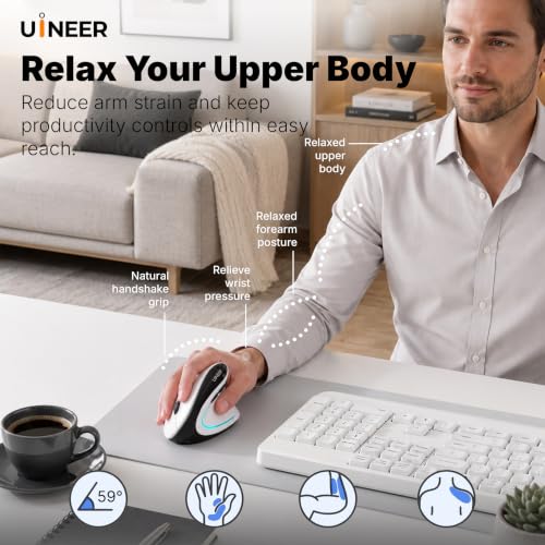 Uineer Ergonomic Wireless Vertical Mouse, 3-Mode Bluetooth 5.0/4.0 & 2.4GHz