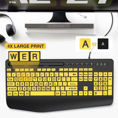 SABLUTE Large Print Keyboard Wired Computer Keyboards with Wrist Rest, Phone Holder, Big Letters Easy to Read Compatible Windows, Desktop, Laptop, Yellow
