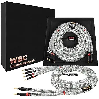 WORLDS BEST CABLES 25 Foot Ultimate - 9 AWG - Ultra-Pure OFC - Premium Audiophile HiFi Bi-Wire Speaker Cable Pair with Eminence Gold Banana Plugs & Silver Tweed Jacket