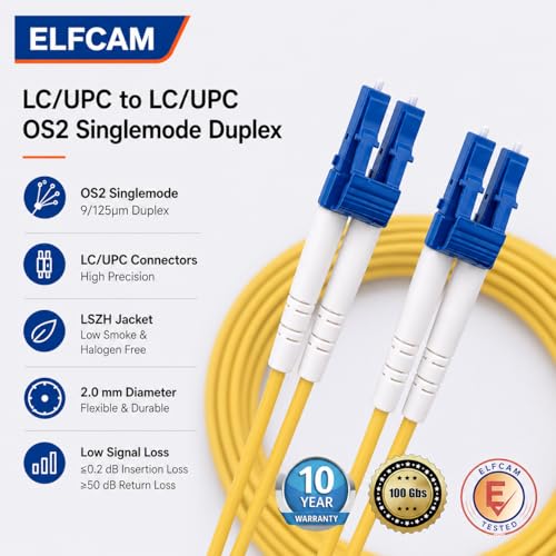 Elfcam® Fiber Optic Jumper Cable LC/UPC to LC/UPC OS2 Duplex Single Mode 9/125um (0.5m)