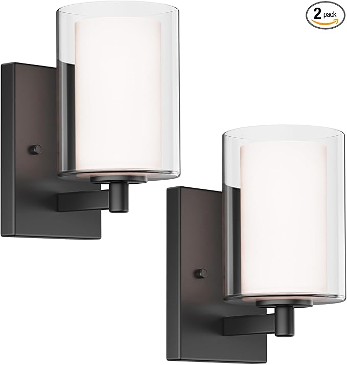 Kalium Wall Sconces Set of Two, Modern Vanity Lights with Double Clear Glass Shade Matte Black Indoor Farmhouse Wall Lights for Bathroom Living Room Bedroom Hallway Bulb E26 Base (Bulbs Not Included)