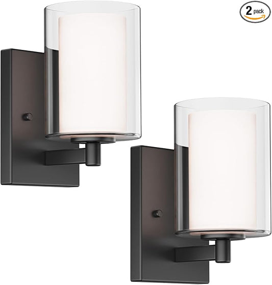 Kalium Wall Sconces Set of Two, Modern Vanity Lights with Double Clear Glass Shade Matte Black Indoor Farmhouse Wall Lights for Bathroom Living Room Bedroom Hallway Bulb E26 Base (Bulbs Not Included)