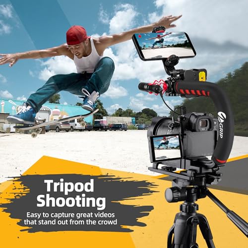 Zeadio Video Handheld Stabilizer, All-in-One Camera Handle Grip Rig Kit with Dimmable LED Video Light, Microphone, Phone Holder, Action Camera Adapter for Filmmaking Vlogging YouTube TikTok etc