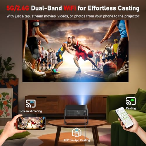 [Ultra-Slim 1.97"| Auto Focus | Built-in Apps | 360° Stand] Smart Mini Projector with WiFi and Bluetooth, Compatible with Netflix, Youtube, Prime Video, DBPOWER N5 Portable Movie Projector for Bedroom