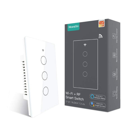 MoesGo WiFi RF433 Smart Touch Light Switch, No Neutral Wire, White 3 Gang