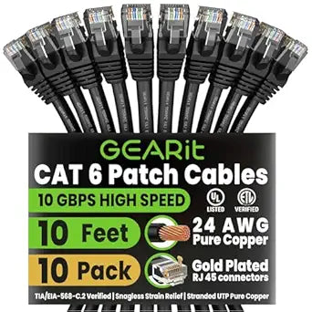GEARit Cat6 Patch Cables Cat 6 Ethernet Cable 10 ft 10-Pack Black