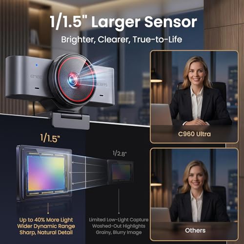 EMEET C960 Ultra 4K Webcam for Mac & PC, 1/1.5" Large Sensor, Metal Body
