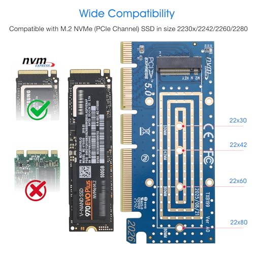 NVMe PCIe Adapter, RIITOP M.2 NVMe to PCI-e 5.0 x4/x8/x16 Card with Heat Sink for M.2 (M Key) SSD 2280/2260/2242/2230 [Upgraded]