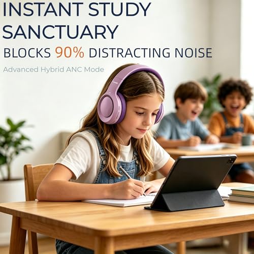 Hybrid Active Noise Cancelling Headphones, 72H Play Time, Deep Bass Bluetooth 6.0, Over Ear ANC Headphones Wireless for Girls Ladies Travel/Airplane/Office (Purple)
