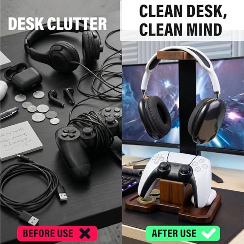 Gaming Equipment Headset Stand with Game Controller Holder & Storage Base, Stylish Gamer Gifts for Men Teenage Boy Headphone Stand, Unique Gifts for Gamers to Organize Gaming Accessories (Brown Wood) - Image 5