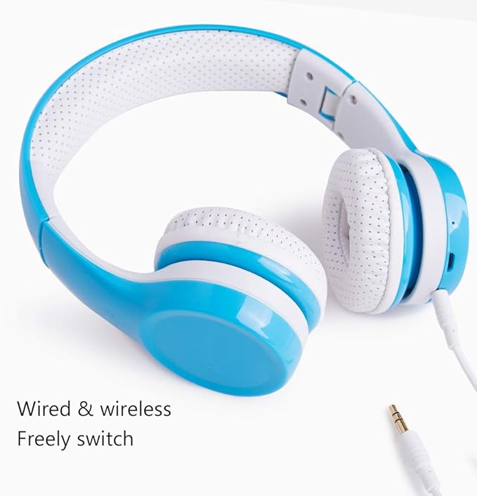 Kids Wireless Headphones, 5 Button Easy Use Bluetooth Toddler Headphones 93db Volume Limited Foldable with Built-in Mic for Cell Phones TV Tablet School Network Boys Girls (Light Blue)