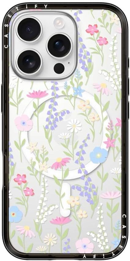 CASETiFY Compact iPhone 16 Pro Case [Slim and Sleek/Compatible with Magsafe / 4 ft. 2X Military Grade Drop Protection] - Pink Pastel Cute Floral - Clear Black