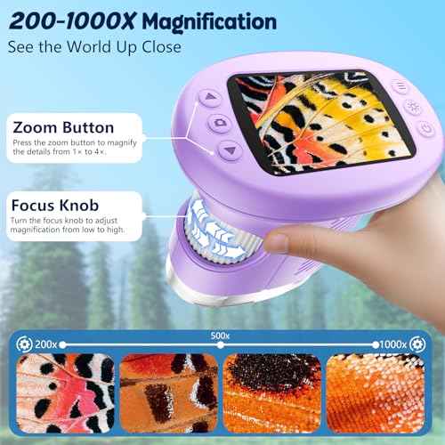 Odatay 2.4" 4K 1000X Digital Kids Microscope with 32G Card 12 Slides Purple