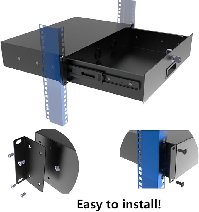 JINGCHENGMEI 2U Rack Drawer with Lock and Key, 19 Inch Rack Mount Server Cabinet Case, Sliding and Lockable Server Rack Drawer with Cable Management Holes, 10.8 inch Deep (2U10in)