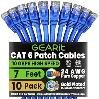 GEARit Cat6 Patch Cables Cat 6 Ethernet Cable 7 ft 10-Pack Blue