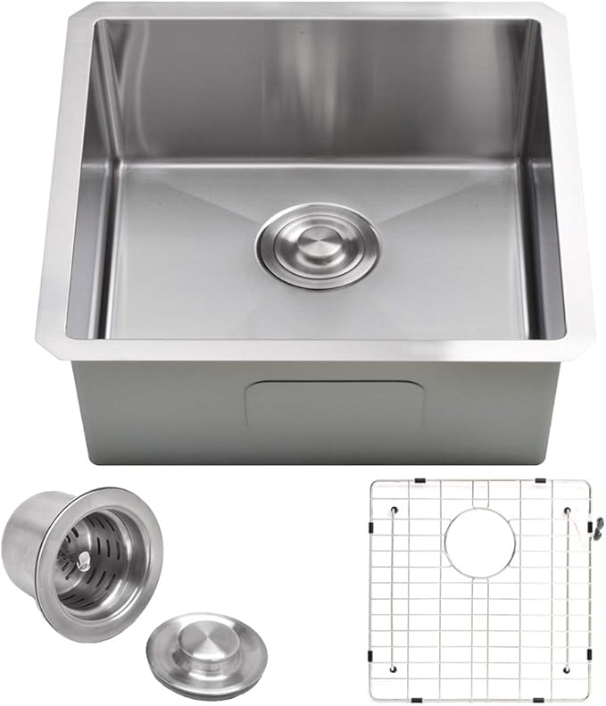 VADANIA Kitchen Bar Sink 22-inch, 22"x18"x10", Single Bowl, Undermount, 18 Gauge T304 Stainless Steel, Satin Finish, with Strainer & Bottom Grid, cUPC listed