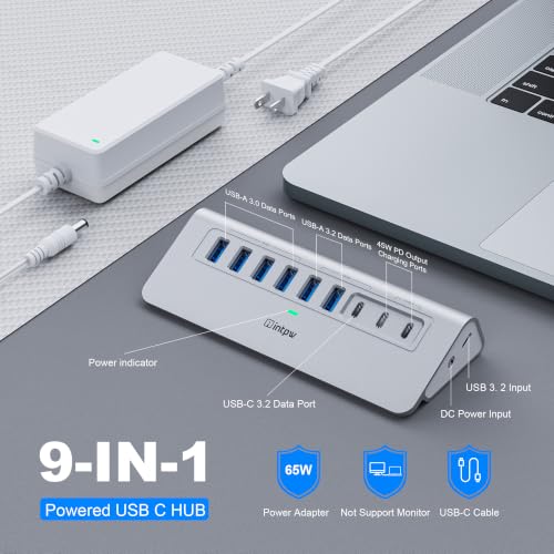 intpw Powered USB Hub 10Gbps, 9-Port USB 3.2/USB C Hub, 65W Power Adapter - Image 3